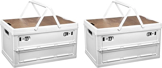 PATIKIL Collapsible Storage Bins with Lids and Handle 2 Pcs 55L 14.5Gal Plastic Camping Storage Box Stackable Side Opening Organizer Basket for Car Rv Office Home White