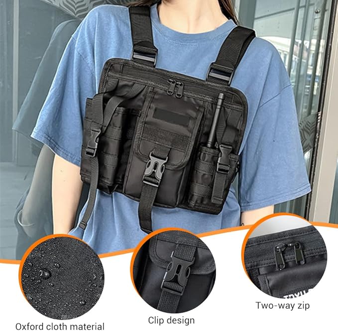 MiOYOOW Sports Chest Bag Waterproof Front Chest Bag 2-Way Zipper Chest Tactical Pack with 4 Pockets Divided Storage for Workouts Running Cycling