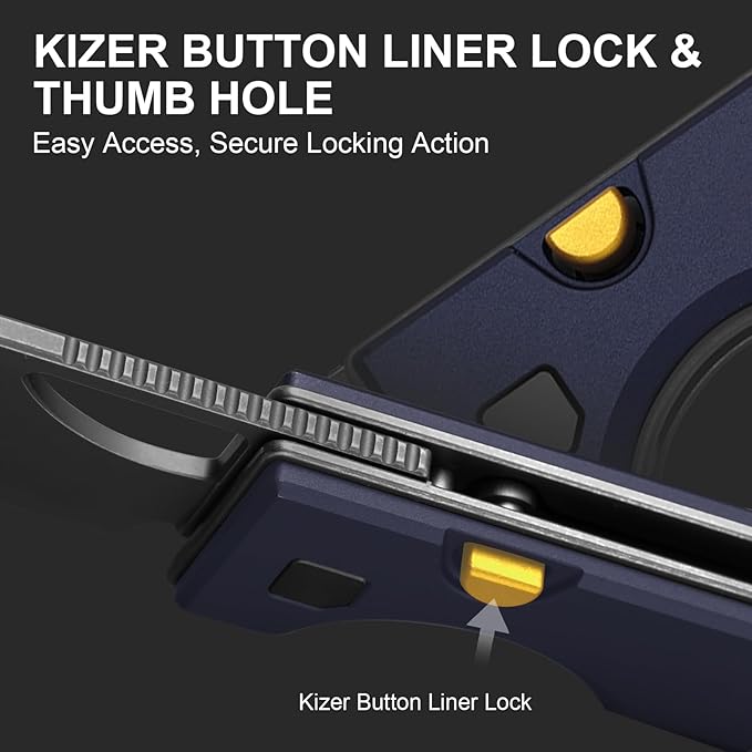 Kizer Little Ringbo Pocket Knife 2.95 AEB-L Steel Drop Point Folding Knife with Blue Aluminum Handle Thumb Hole Opener Button Liner Lock EDC knives for Camping Hiking V3708A3
