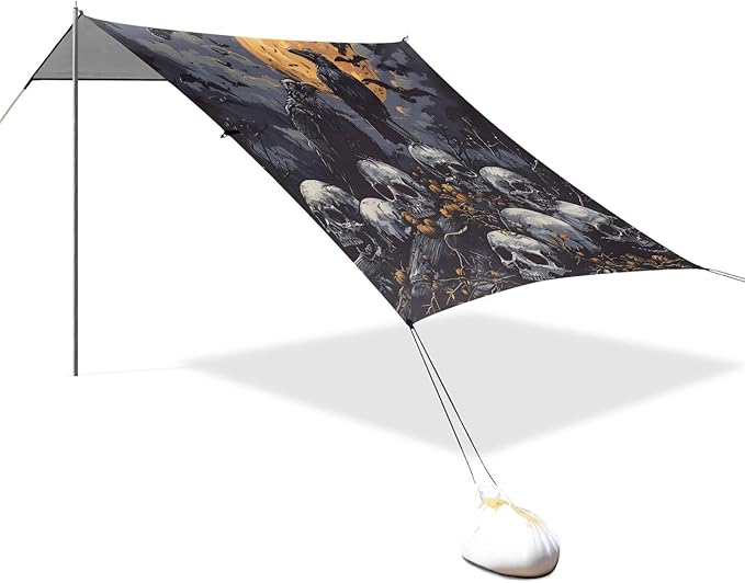 ALAZA Halloween Crow Skull Beach Tent Sun Shelter UPF50+ Protection Beach Shade Canopy w/ 4 Sandbags for Outdoor Camping Fishing Backyard Fun Picnic 10x9 ft