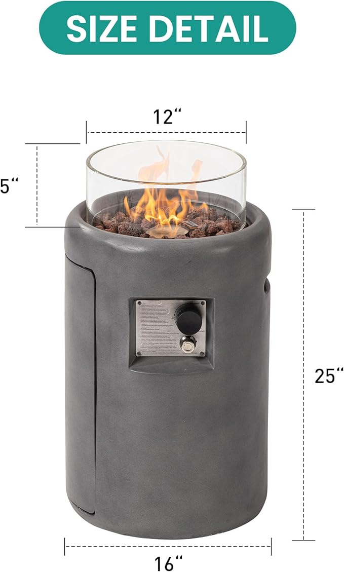 SUNBURY Outdoor Gas Fire Column 40000 BTU Propane Fire Pit for Patio Party &amp Gathering Compact Flame Heater with Lava Rocks Waterproof Cover for Yard &amp Deck Ambiance (Grey)