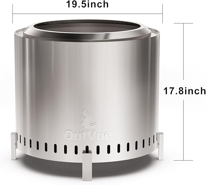 OutVue 19.5 inch Stainless Steel Smokeless Fire Pit Outdoor Smokeless Firepit Wood Burning Fire Pits for Camping Bonfire Low Smoke Firepit for Outside (Vertical Hole)