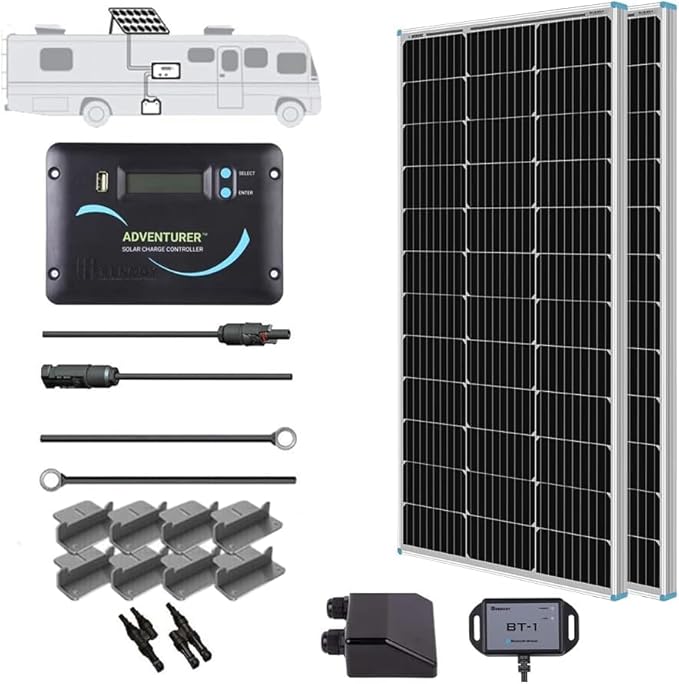 Renogy 200W 12V RV Solar Panel Kit N-Type - Adventurer 30A LCD PWM Charge Controller + Mounting Brackets for RVs Boats Trailers Campers Marine &amp Off - Grid Systems