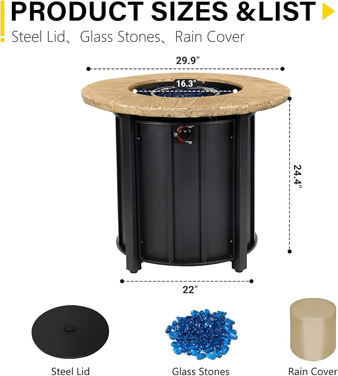 30 Inch Round Propane Fire Pit Table50000 BTU Outdoor Gas Firepit with Automatic Ignition &amp Lid CoverIron Steel Firepit for OutsidePatioDeckBackyard w Glass Stones &amp Rain Cover