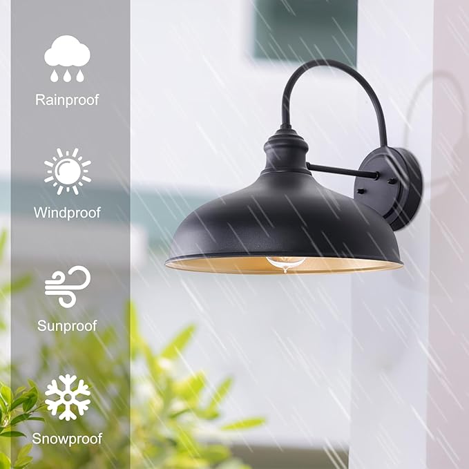 12 Outdoor Gooseneck Barn Light for Patio Large Farmhouse Wall Mount Lights for Garage Black Exterior Barn Porch Light Fixture with Brass Interior Outside Wall Sconce for House
