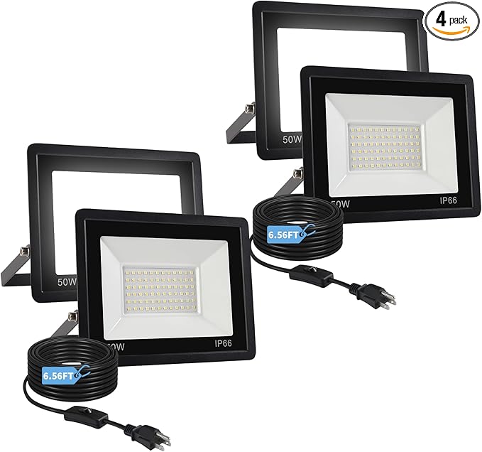 50W Flood Lights Outdoor8000LM Bright LED Work LightIP66 Waterproof Security Outside Lights for Yard with Switch and 6.5FT Cord6500K Daylight White Plug in Outdoor Light for GarageGarden(4Pack)