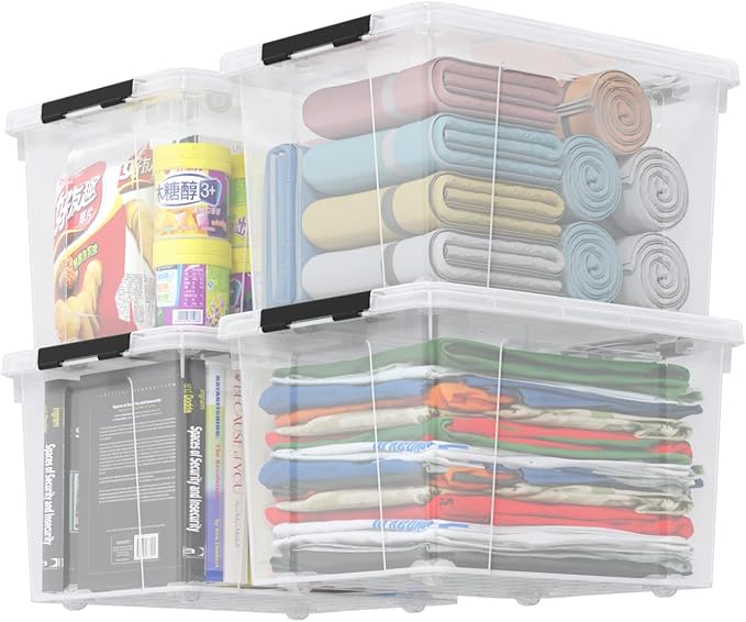 Zopnny 4-Pack Christmas Storage Totes with Lids 24-Quart Holiday Organizer Plastic Stackable Storage Boxes for HomeOfficeGarageBasement Clear
