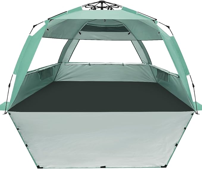 WhiteFang Deluxe Pop Up Beach Tent Sun Shade Shelter for 3-4/5-6 Person UV Protection Extendable Floor with 3 Ventilating Windows Plus Carrying Bag Stakes and Guy Lines