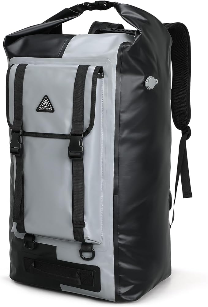 Haimont Waterproof Backpack Roll Top Dry Bag Kayak Dry Backpack IPX7 for Outdoor Dry Pack Boating Fishing 60L Black/Gray
