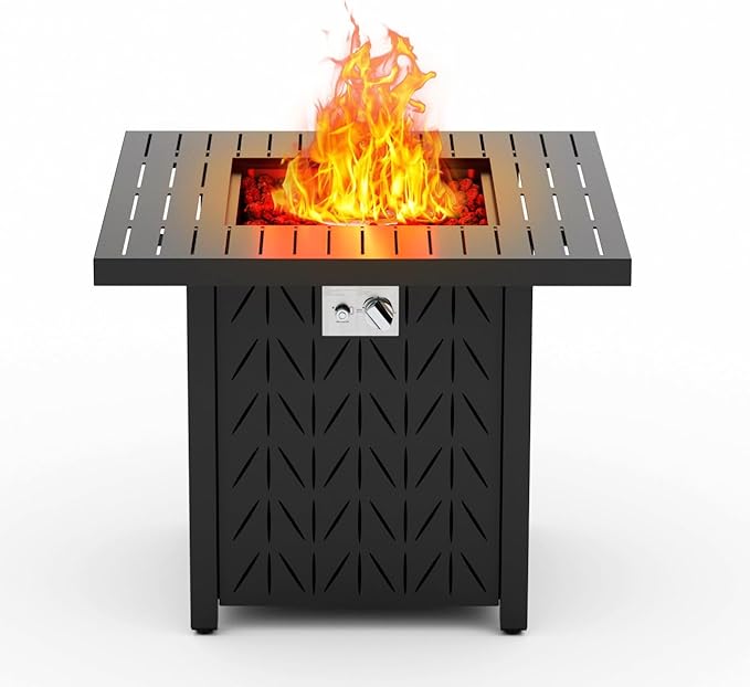 28'' Propane Fire Pit Table 2 in 1 Rectangular Outdoor Fireplace Outside Patio Deck and Garden Gas Fire Pit Table with Lid and Stone 50000 BTU Adjustable Flame