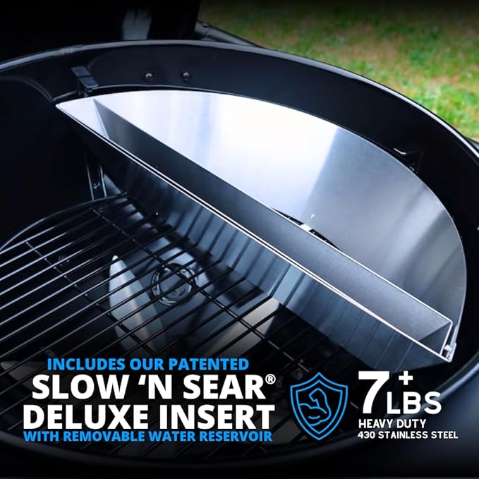 SnS Grills 22-Inch Charcoal Grill and Smoker — MasterKettle with Patented Slow ‘N Sear Deluxe Insert 304 Stainless EasySpin Grate Integrated Side Table 10-Year Warranty.