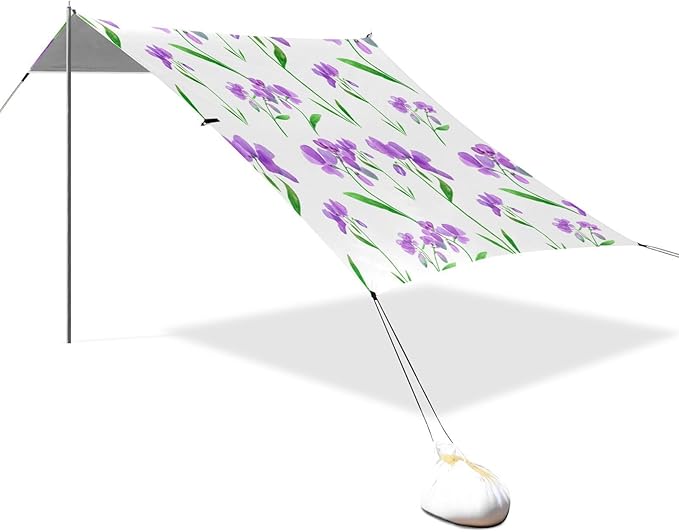 Beach Canopy with Windproof Ropes &amp Sandbags Beach Tent Sun Shade Sun Shelter for Camping Trips Fishing Backyard Fun or Picnics Purple Flowers