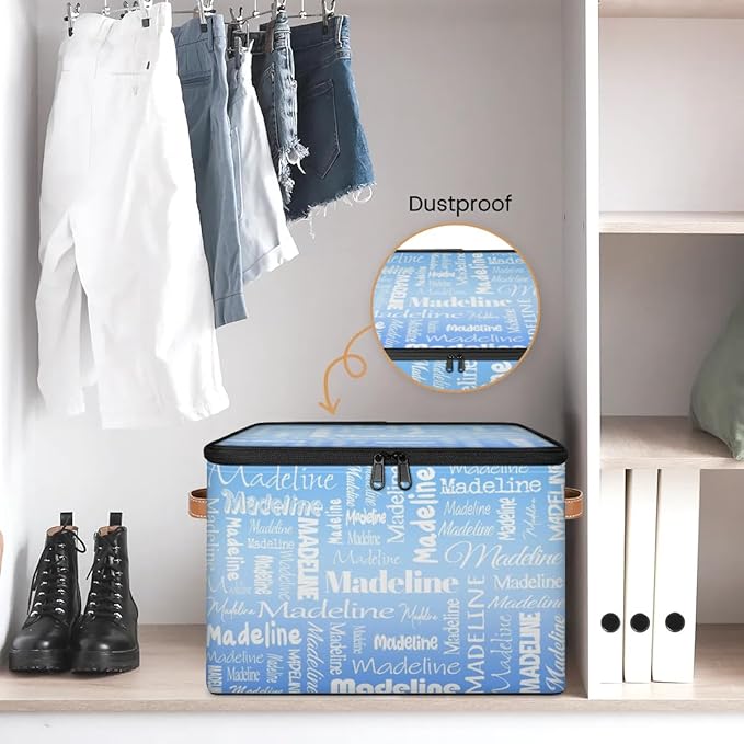 Custom Storage Basket with Name Personalized Keepsake Box with Zipper Lid Foldable Fabric Memory Bin Large capacity with Handle Blue