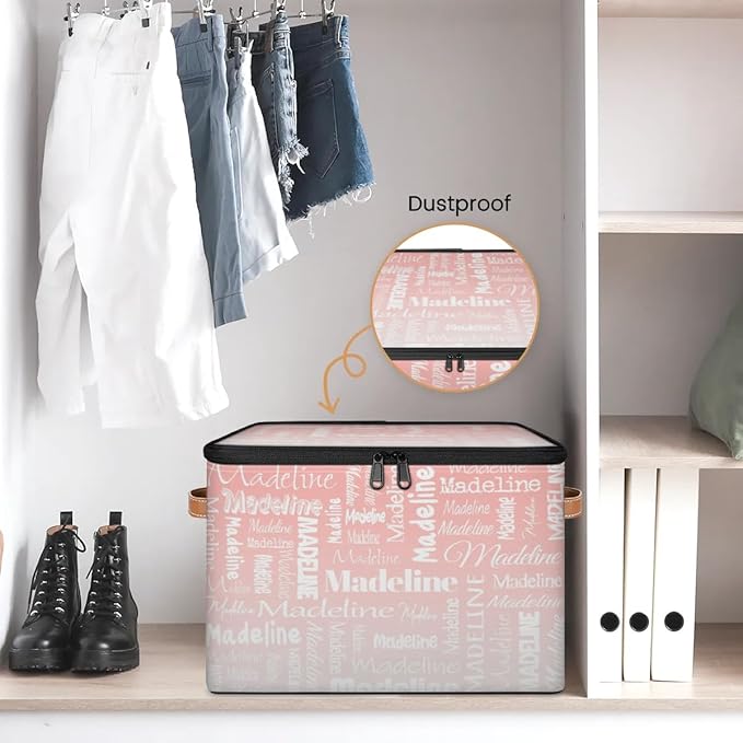 Custom Storage Basket with Name Personalized Keepsake Box with Zipper Lid Foldable Fabric Memory Bin Large capacity with Handle Pink White