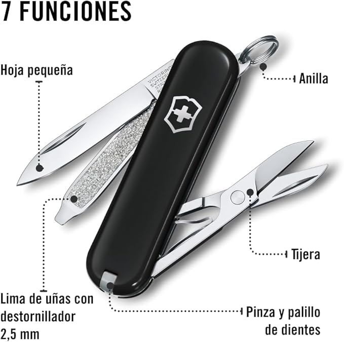 Victorinox Pocket Knife Small Classic SD 58 mm Black (7 Functions Blade Nail File Screwdriver 2.5 mm Scissors)