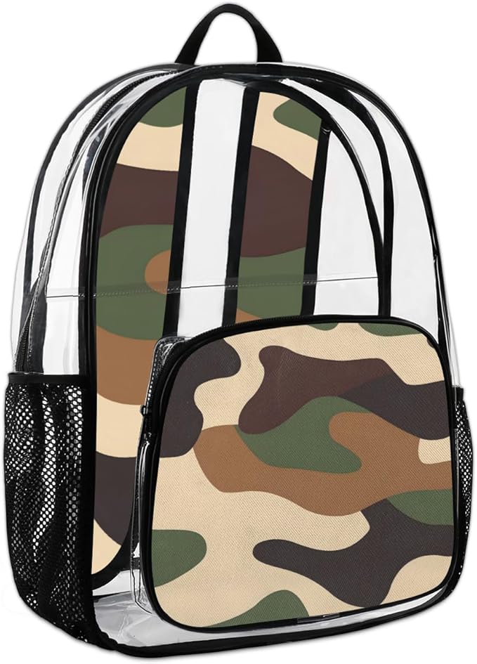 Brown Camouflage Military Heavy Duty Clear Backpack Large PVC Transparent Backpack See Through Bag for Work Sports Travel Security Stadium Events