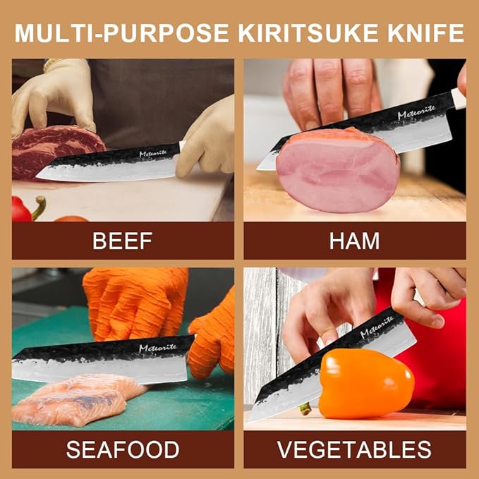 Meteorite Kiritsuke Japanese Multi-Task Knife For Slicing &amp Dicing Prep Hand-Hammered Midnight Damascus Convex Grind Edge Olive Wood Handle – Pro Gift IceRaven 8 Inch
