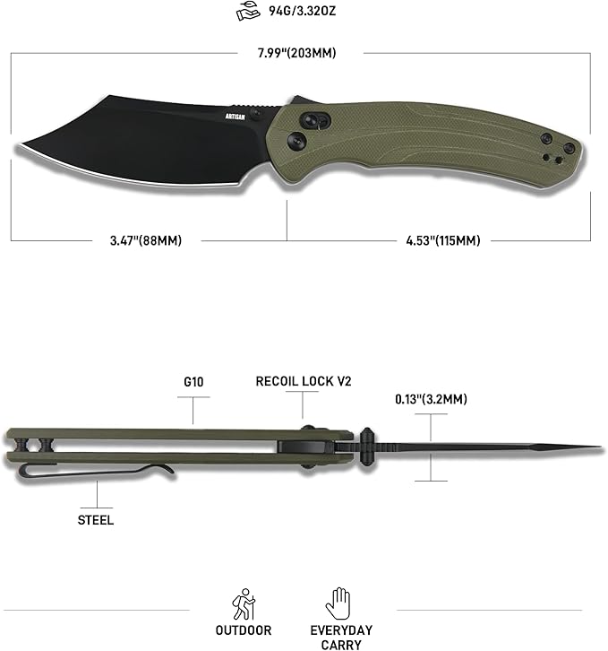 ARTISANCUTLERY Simoon Folding Pocket Knife 3.47 AR-RPM9 Steel Blade G10 Handle EDC Knife with Pocket Clip for Men Women Camping Survival Hiking Knives(ATZ-1882 Green)