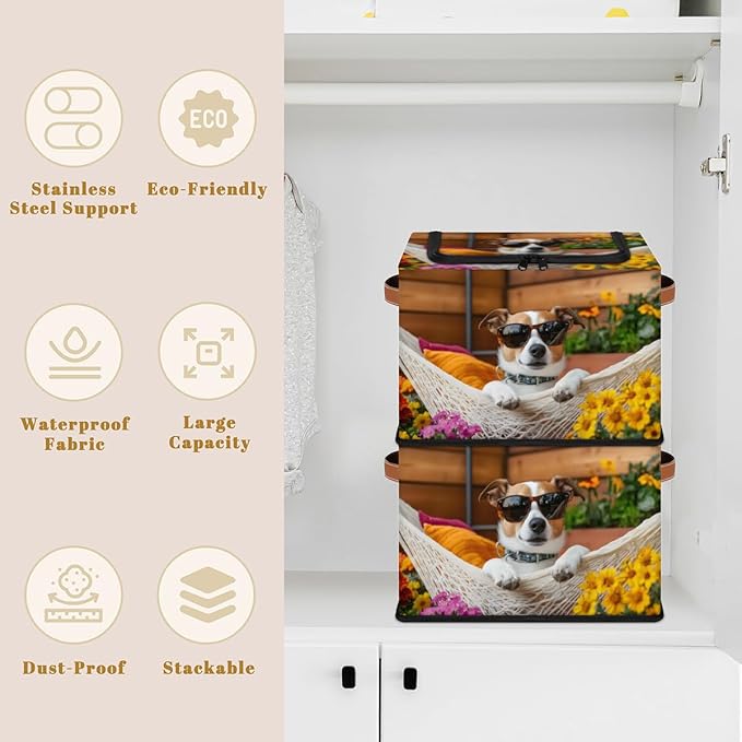 Cute Dog Storage Box with Lid Hawaiian Flower Collapsible Storage Bins Baskets Cubes Closet Shelf Clothes Organizer Containers with PU Leather Handles