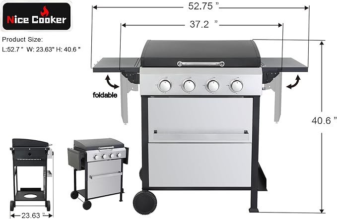 4-Burner Flat Top Propane Gas Grill Stainless Steel Griddle Combo with Foldable Side Table 49200 BTU Outdoor BBQ Grill Porcelain-Enameled Cast Iron Grids for Backyard Patio Cooking