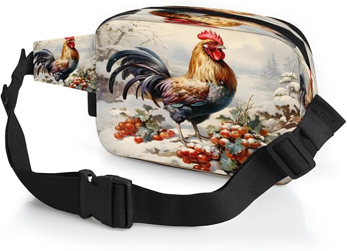 Rooster Berry Snow Waterproof Fanny Pack for Women Men Adjustable Waist Bag with Double Zipper Pockets Lightweight Square Hip Pack for Running Travel Hiking Workout Cycling