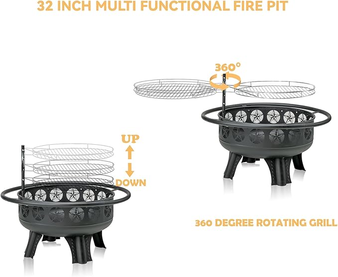 32 Inch Fire Pit with Swivel Cooking Grate3-in-1 Wood Burning Firepit with GrillOutdoor Fire Pits Table with Metal Lid and Poker for Outside Patio Backyard BBQ Bonfire Camping (32 Inch)