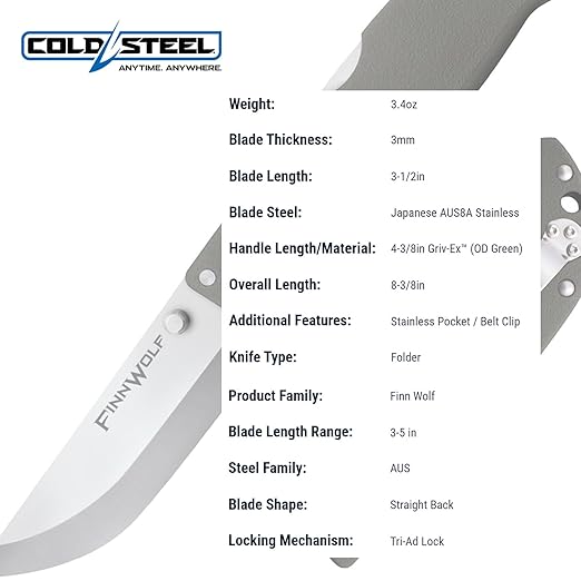 COLD STEEL Finn Wolf 3.5in AUS8A Razor-Sharp Straight Back Blade 4.375in Griv-Ex OD Green Handle Hunting Folding Knife Boxed