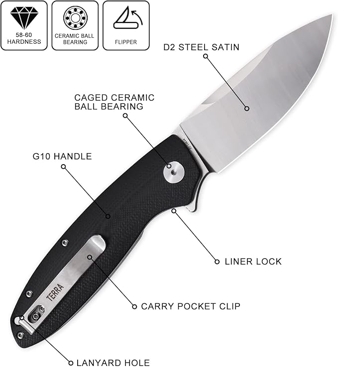 Petrified fish PFB01 Terra3.54 D2 Steel Blade G10 Handle Flipper Liner lock Folding knife (Black)