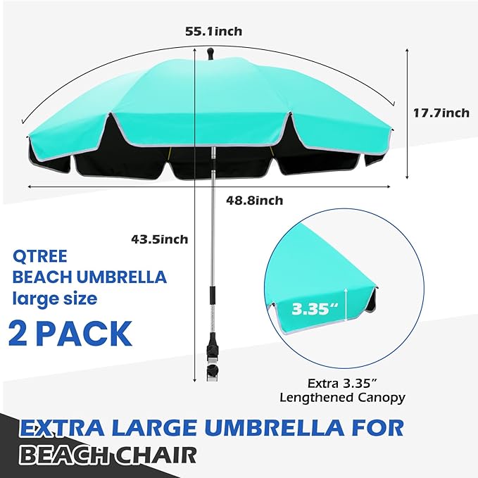 2Pack 48.8 inch Large Beach Umbrella with Clamp Sun Shade for Beach Chair 360°Adjustable UV Protection Golf Umbrella with Clip for Outdoor Stroller Wheelchair Camping Chair