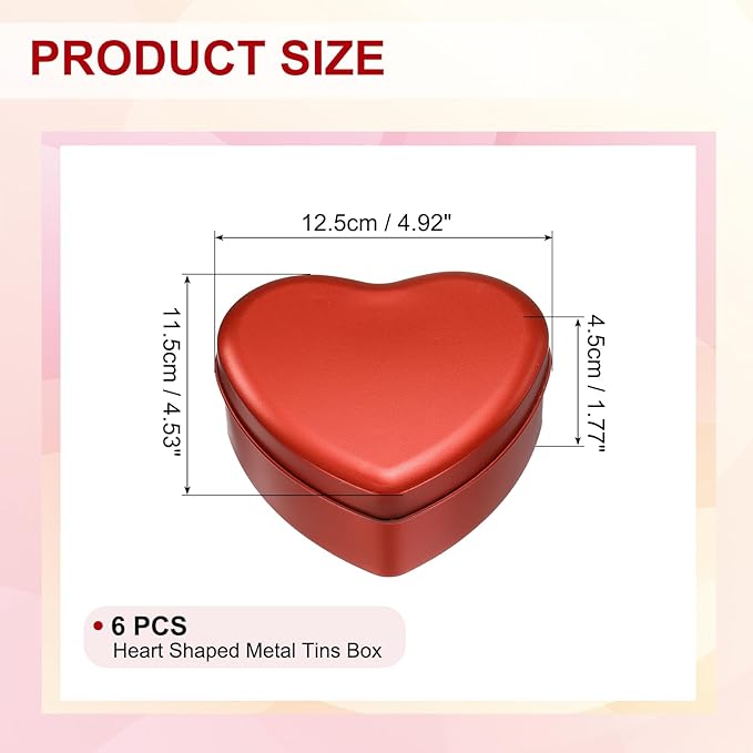 uxcell 6Pcs Heart Shaped Metal Tins Box Empty Candy Jars with Lids Favors Storage Containers for Valentine's Day Candles Wedding Parties Cookies Gifts Red (12.5x11.5x4.5cm)