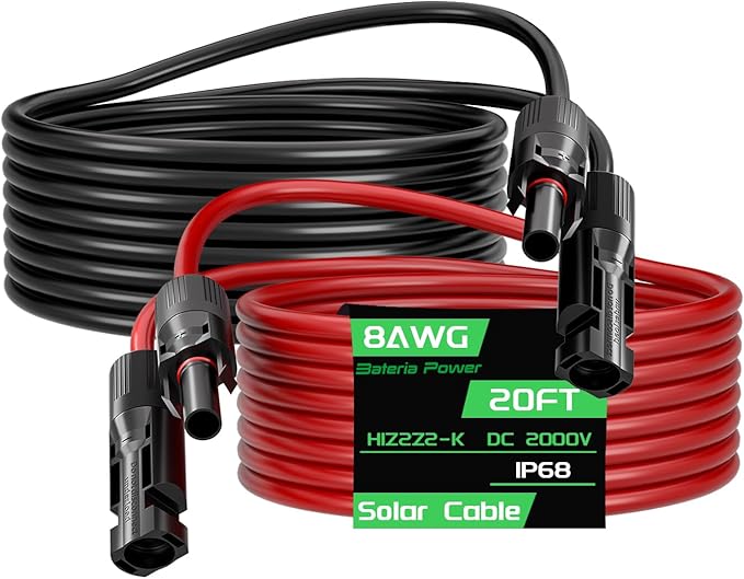 20Feet 8AWG Solar Panel Extension Cable Bateria Power 8 Gauge 8mm² PV Wire with Female &amp Male Waterproof Connectors for RV Photovoltaic Systems Set of 2