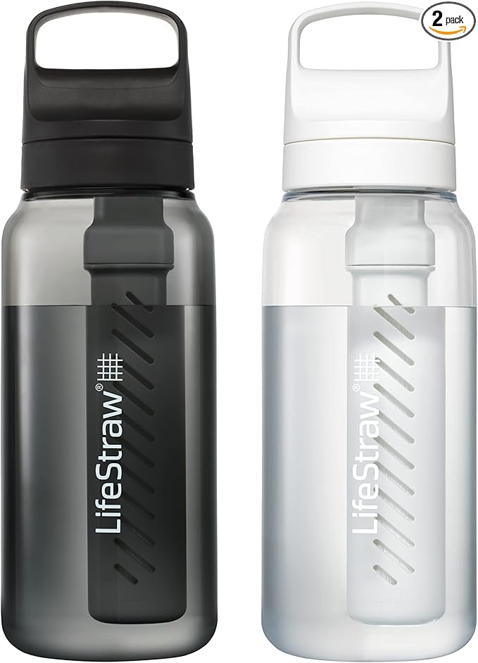 LifeStraw Go Series – BPA-Free Water Filter Bottle for Travel and Everyday Use Removes Bacteria Parasites and Microplastics Improves Taste 1L 2-Pack Icelandic Blue and Aegean Sea
