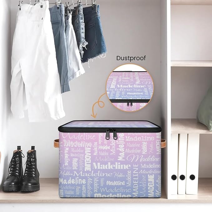 Custom Storage Basket with Name Personalized Keepsake Box with Zipper Lid Foldable Fabric Memory Bin Large capacity with Handle Pink Purple
