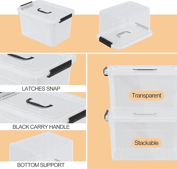 10.5 Quart Clear Plastic Storage Box/Container with Handle Plastic Storage Bin with Lid 4 Packs