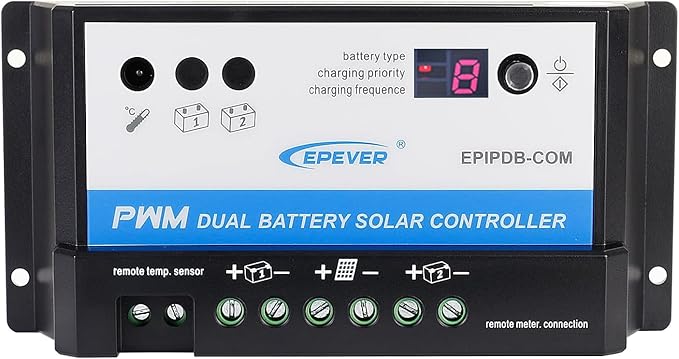 EVPEVER 20A Solar Charge Controller 12V/24V Auto Working Dual Battery Solar Panel Charge Controller PWM 20AMP Intelligent Solar Panel Batteries Regulator for Motorhome Caravan Boat