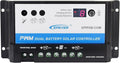 EVPEVER 20A Solar Charge Controller 12V/24V Auto Working Dual Battery Solar Panel Charge Controller PWM 20AMP Intelligent Solar Panel Batteries Regulator for Motorhome Caravan Boat