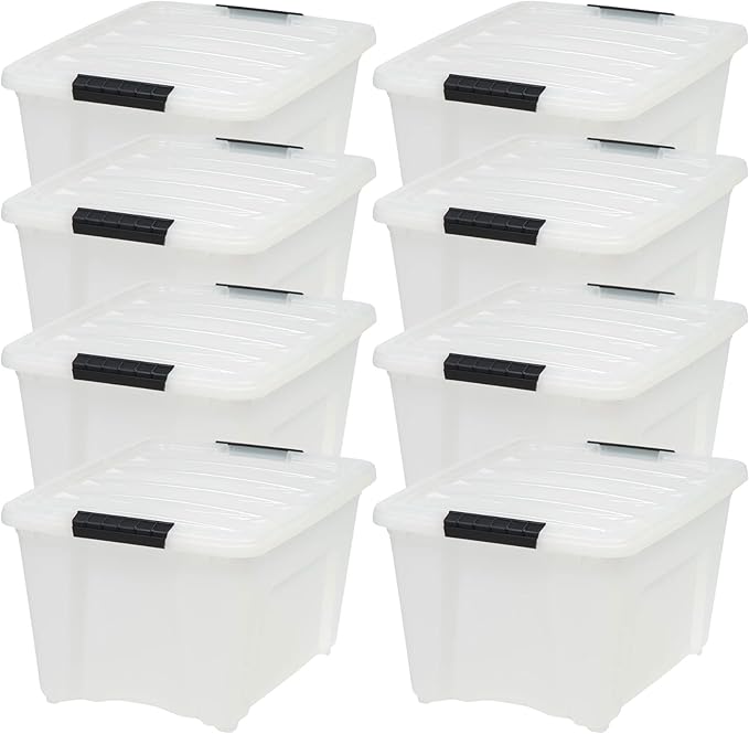 IRIS USA 8 Pack Stackable Storage Bin 32 Quart Plastic Container Totes with Latching Lids for Home and Office Organization Pearl