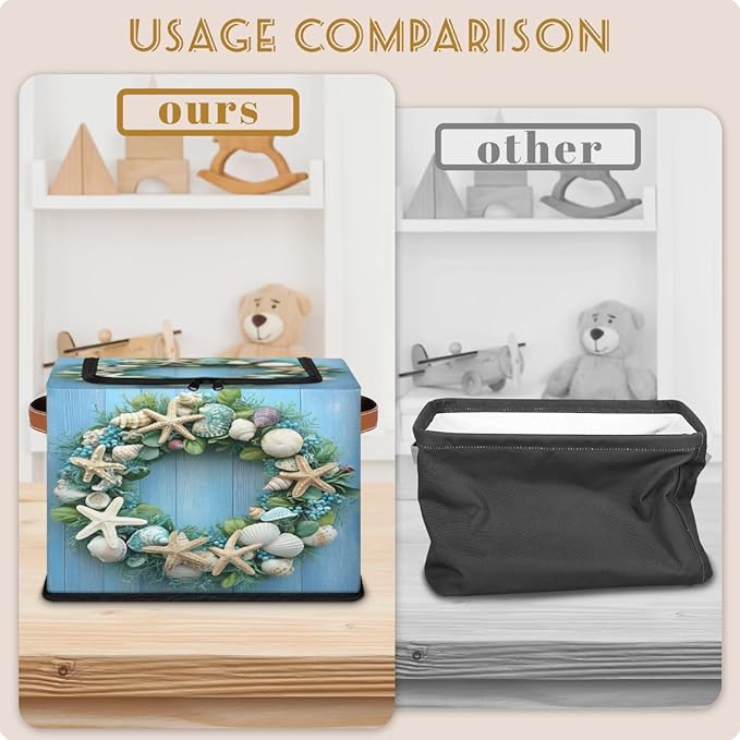 Starfish Wreath Storage Bins with Zipper Lid Blue Wooden Fabric Lidded Storage Baskets Cubes with Handles Decorative Foldable Shelf Closet Organizer Container