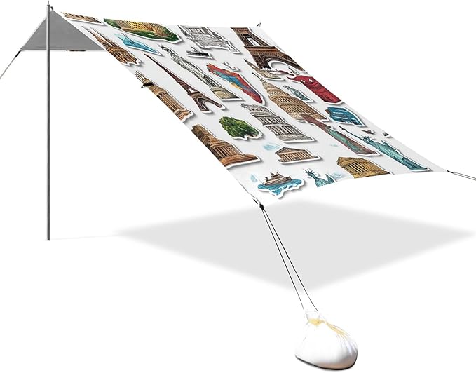 ALAZA Scenery Stickers Travel Beach Tent Sun Shelter UPF50+ Protection Beach Shade Canopy w/ 4 Sandbags for Outdoor Camping Fishing Backyard Fun Picnic 10x9 ft