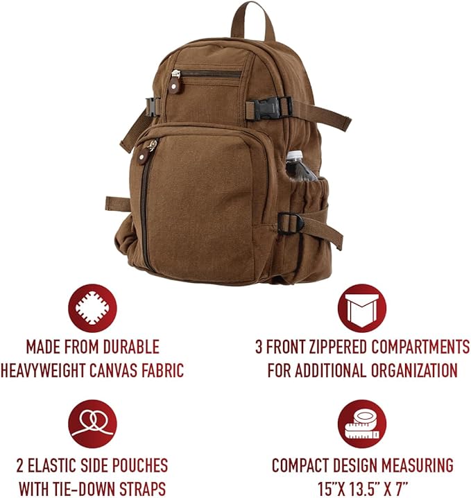 Rothco Vintage Canvas Compact Backpack – Rugged Everyday Carry Travel Storage Bag Brown