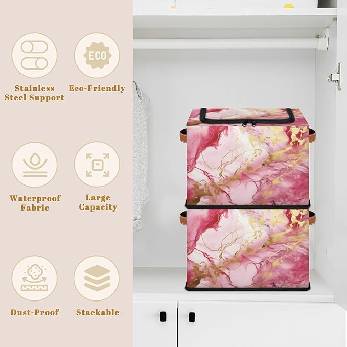 Marble Storage Bins with Zipper Lid Pink Gold Fabric Lidded Storage Baskets Cubes with Handles Decorative Foldable Shelf Closet Organizer Container
