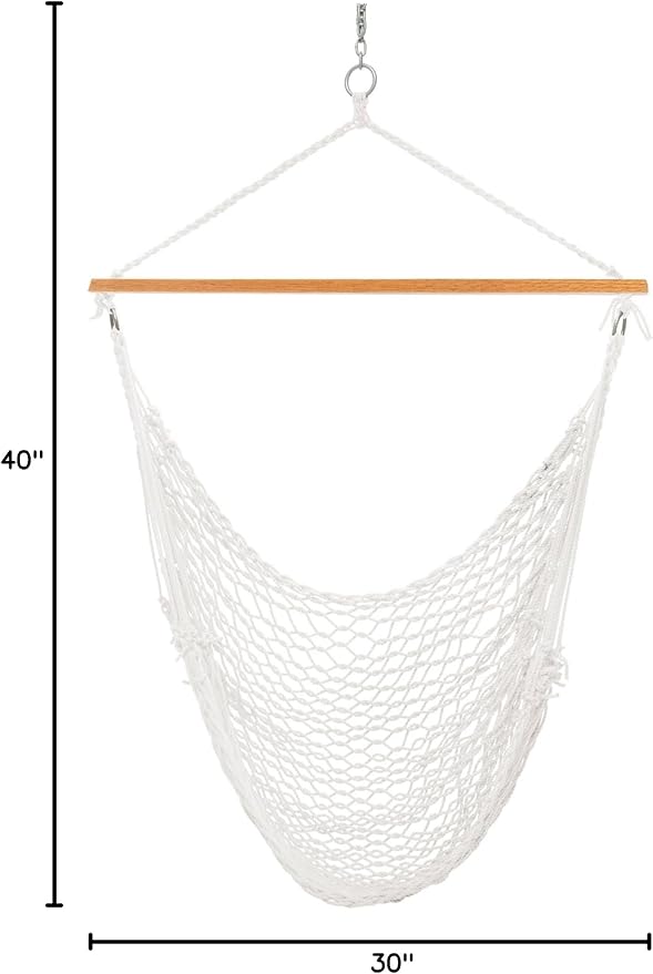 Original Pawleys Island Single Hammock Chair – White DuraCord Rope 350 lb Capacity Oak Spreader Bar Zinc Plated Hardware Handcrafted in the USA