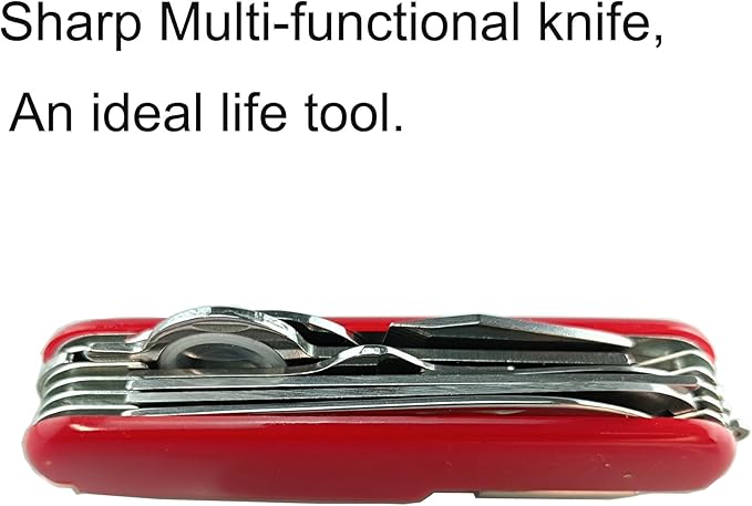 11-in-1 Multifunctional Pocket KnifeBoy Scout knife Red Handle Stainless Steel Survival Tool with Scissors Bottle Opener Saw Screwdriver Ruler Tweezers 3.58 Inch Length