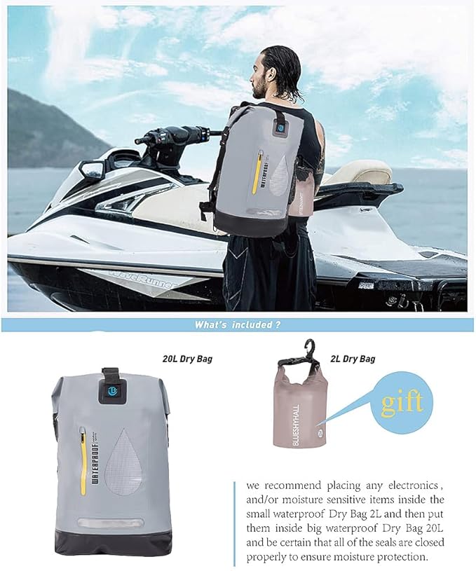 XhuangTech 20L Waterproof Drybag Water Sports Floating Backpack Durable Heavy Duty Duffel Bag for Kayaking Rafting Boating FishingCamping (Gray 20L)