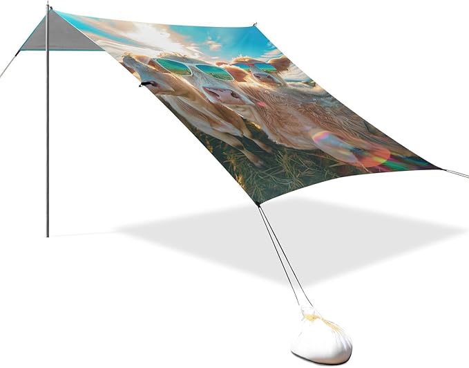 ALAZA Cows with Sunglasses Funny Beach Tent Sun Shelter UPF50+ Protection Beach Shade Canopy w/ 4 Sandbags for Outdoor Camping Fishing Backyard Fun Picnic 10x9 ft