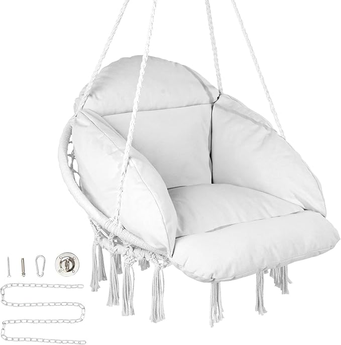 VEVOR Hanging Hammock Swing Chair Macramé Hanging Chair with Cushion and Mounting Hardware Cotton Rope Swing Chair for Bedroom Balcony Patio Garden 264 lbs Capacity White