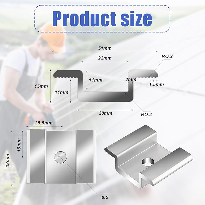 42 Pack Solar Panel Mid Clamps Solar Panel Clamps Bulk Solar Panel Bracket Aluminium Mounting Accessories for Solar Panel Mounting for Tin Roof Flat Roof Sheet Roof Silver