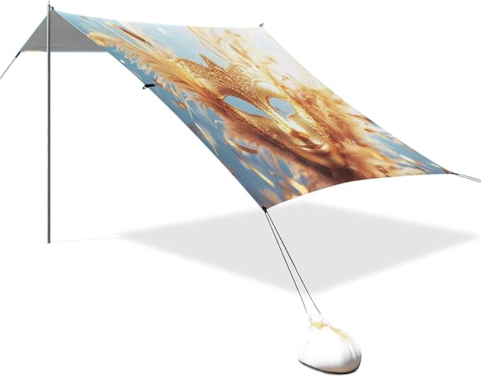 Carnival Golden Mask Mardi Gras Beach Tent Sun Shelter Set UPF50+ UV Protection 10.5 x 9.19 FT Camping Shade Canopy with Sandbags Sand Anchors Carrying Bag and Others