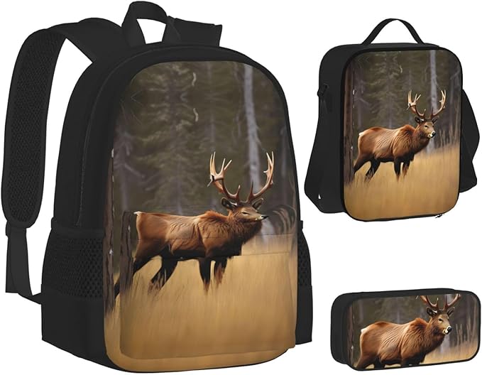 Wildlife Deer Bear Elk Backpack With Lunch Box 3 In 1 Set With Pencil Case Large Capacity Backpack With Chest Strap