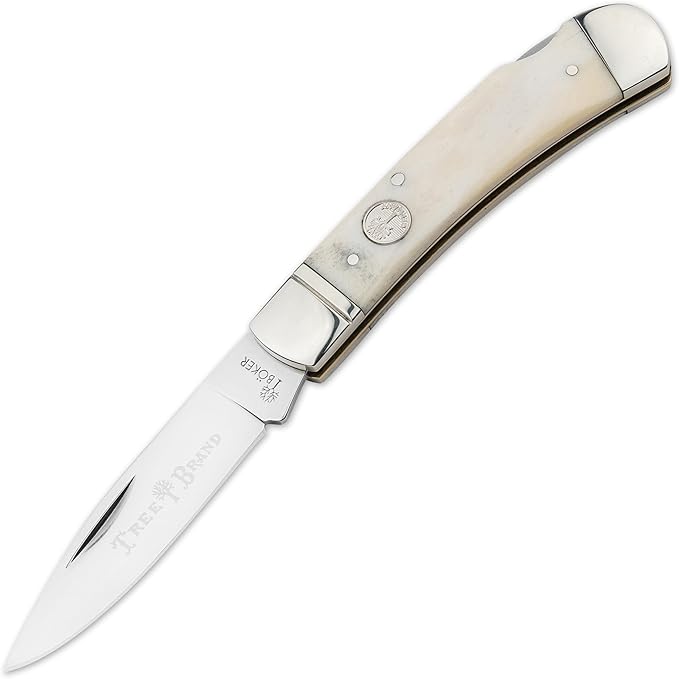 BOKER TREEBRAND – Lockback Smooth White – Medium Pocket Knife with One Super-Sharp D2 Blade &amp Nail Nick – Classic Gentleman Folder with White Bone Handle Scales &amp Backlock – Made in Germany